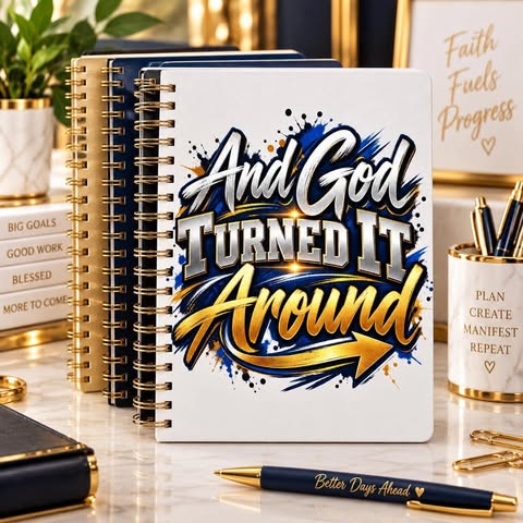 And God Turned It Around UV DTF Transfer on Spiral Notebooks