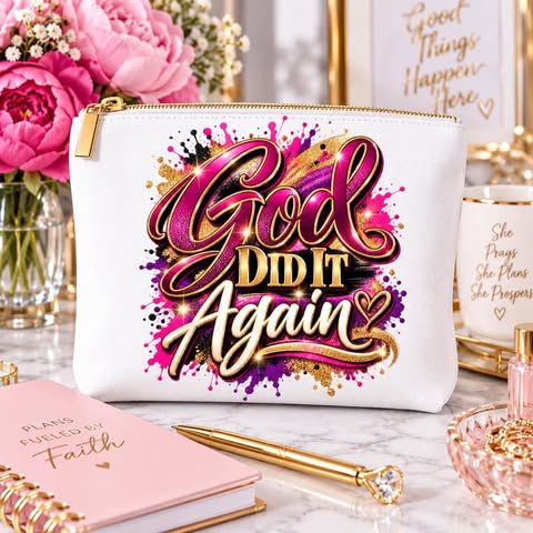 God Did It Again UV DTF Transfer on Cosmetic Bag