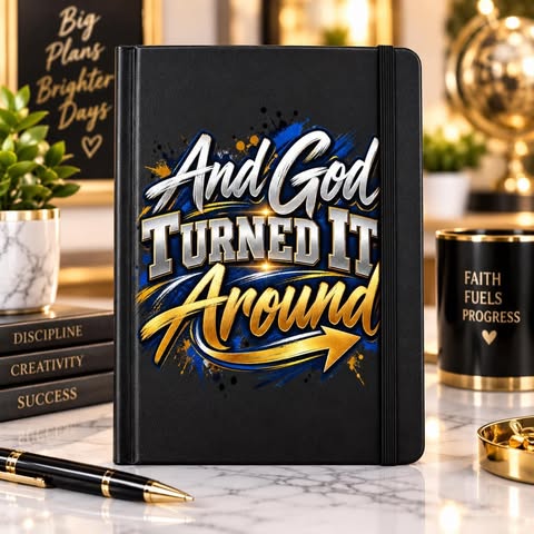 And God Turned It Around UV DTF Transfer on Black Journal
