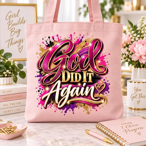 God Did It Again UV DTF Transfer on Tote Bag