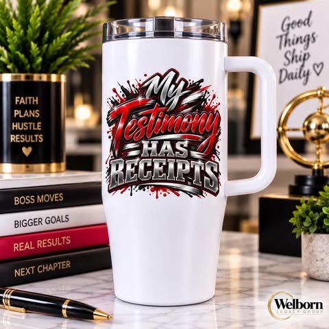 My Testimony Has Receipts UV DTF Transfer on Handle Tumbler